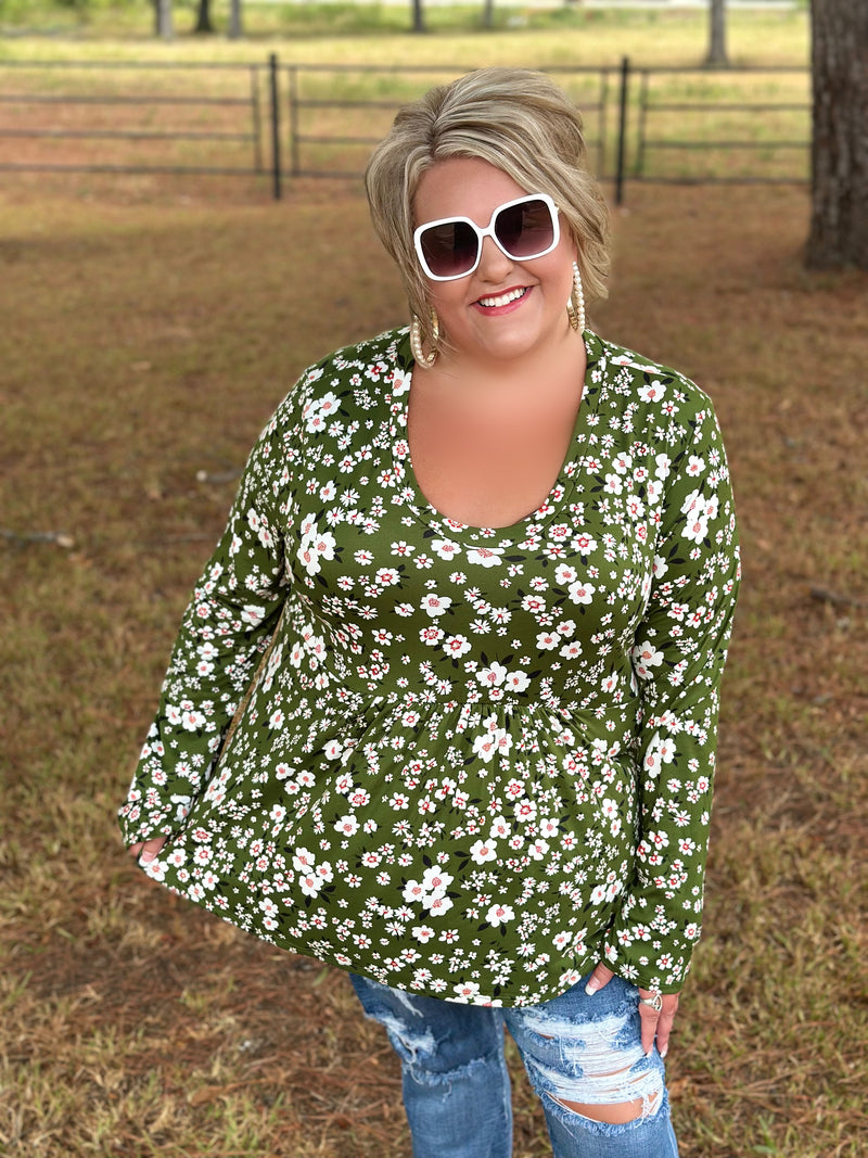 Mark My Words Olive Floral Print Babydoll Top