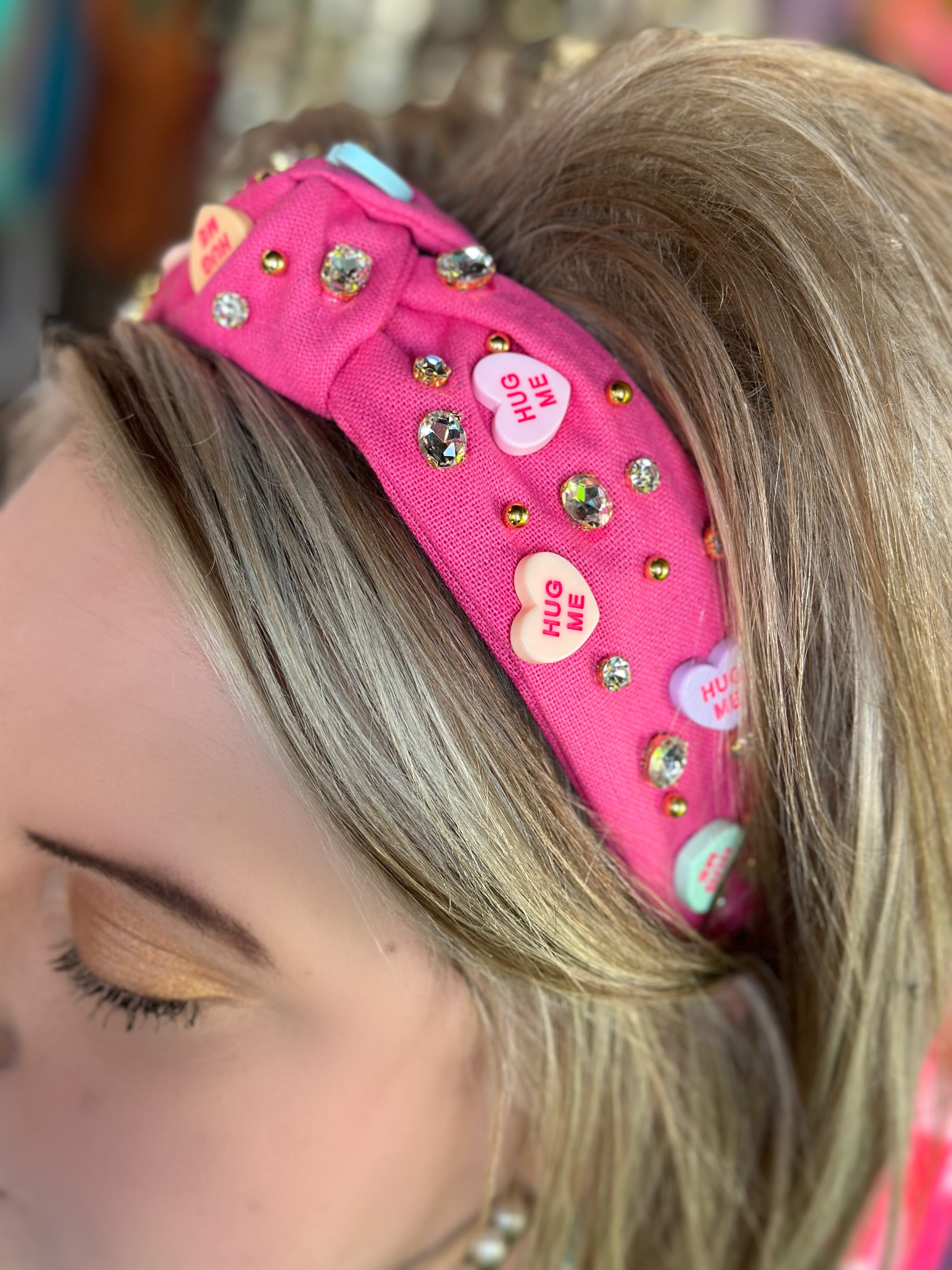 Fuchsia Rhinestone & Candy Hearts Top Knot Headband