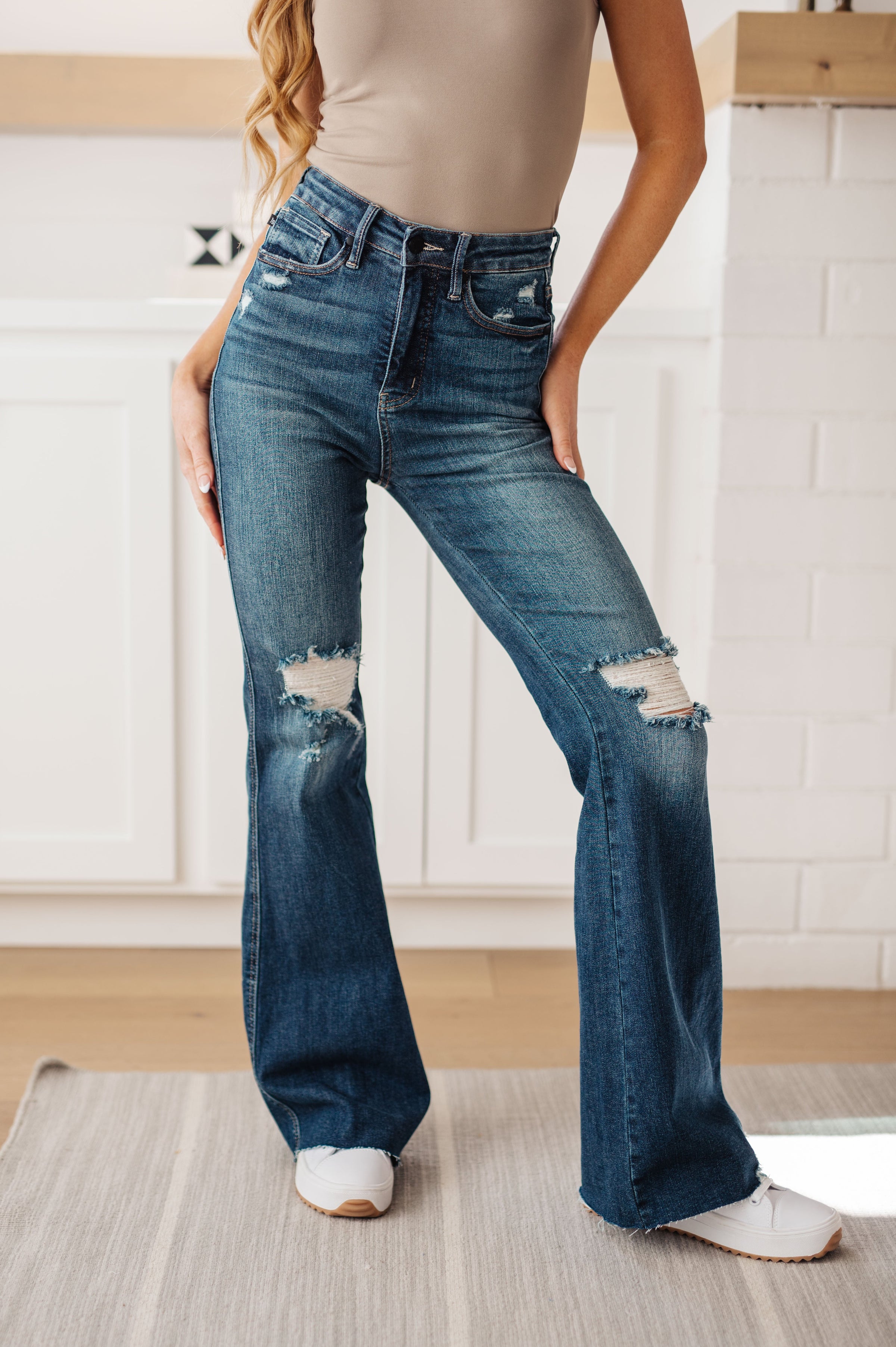 Cassandra High Rise Control Top Distressed Flare Jeans - JUDY BLUE
