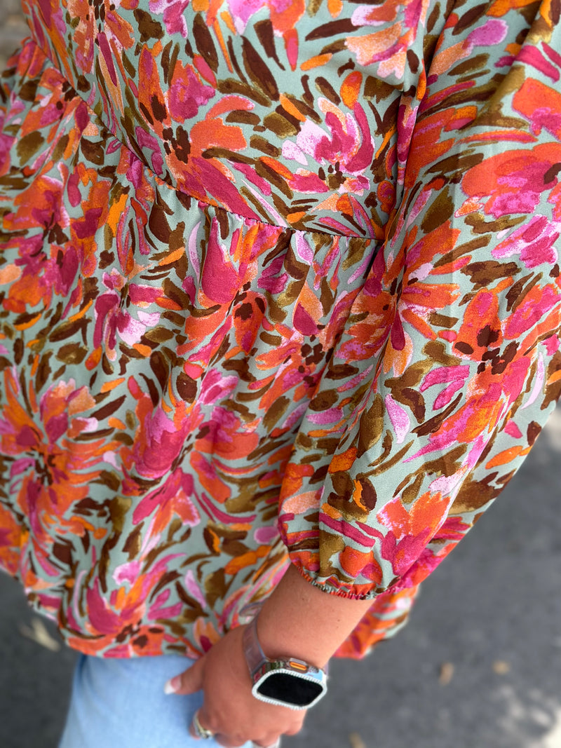So They Sage Floral Chiffon Top