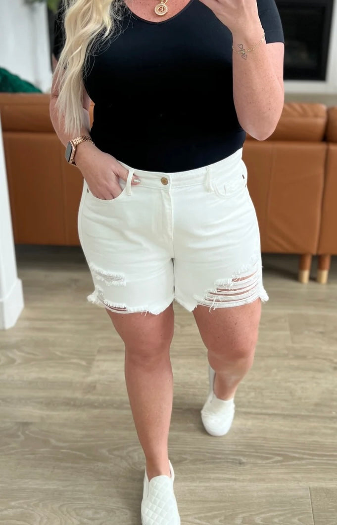 Jessie High Rise Rigid Magic Cutoff Shorts in White - JUDY BLUE