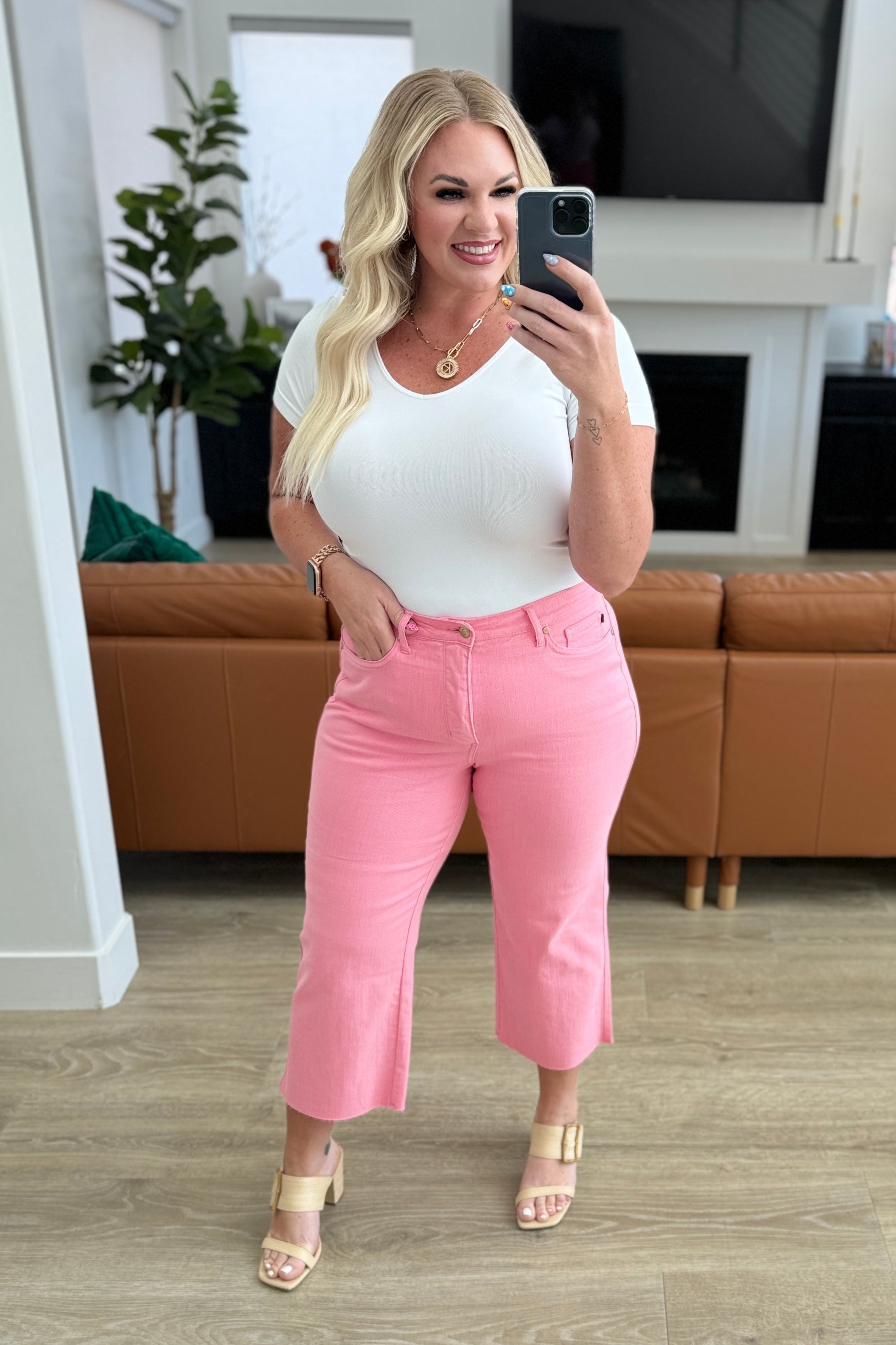 Lisa High Rise Control Top Wide Leg Crop Jeans in Pink JUDY BLUES