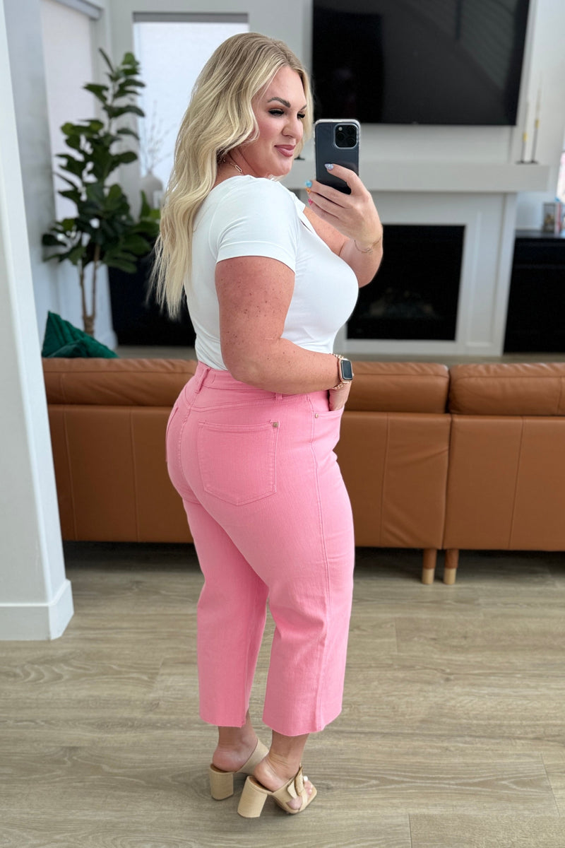 Lisa High Rise Control Top Wide Leg Crop Jeans in Pink JUDY BLUES