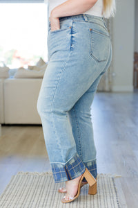 Miranda High Rise Plaid Cuff Vintage Straight Jeans - JUDY BLUE