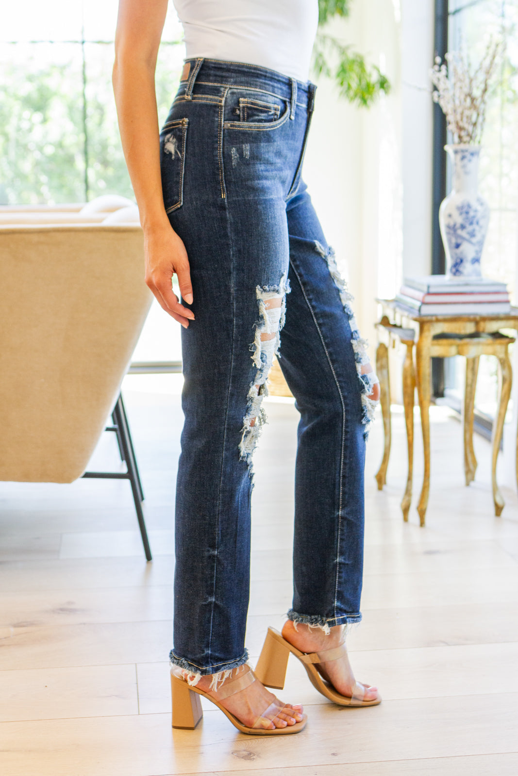 Sloane Mid Rise Heavy Destroyed Straight Jeans - JUDY BLUE