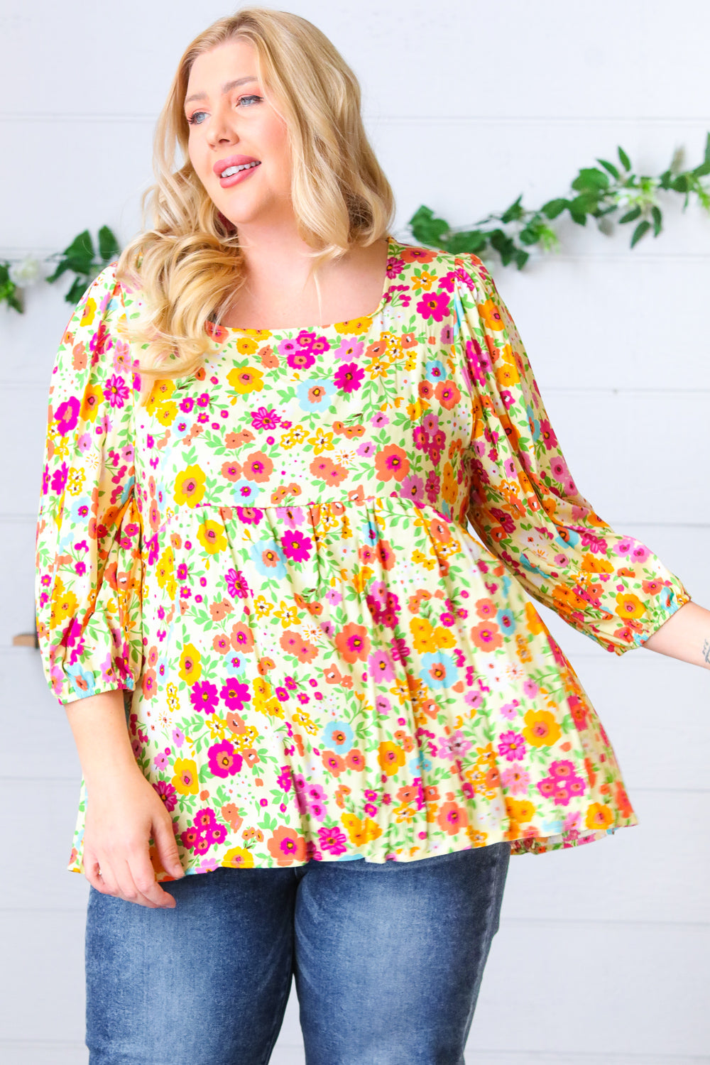 ONLINE EXCLUSIVE** Daffodil Square Neck Peplum Floral Challis Woven Top