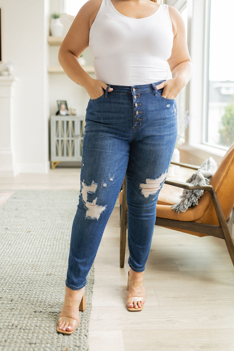 Colt High Rise Button Fly Distressed Boyfriend Jeans - JUDY BLUE