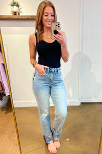 Miranda High Rise Plaid Cuff Vintage Straight Jeans - JUDY BLUE