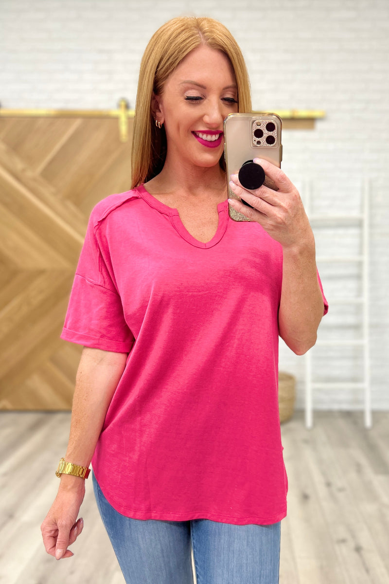 Notched Neck Drop Sleeve Top in Hot Pink